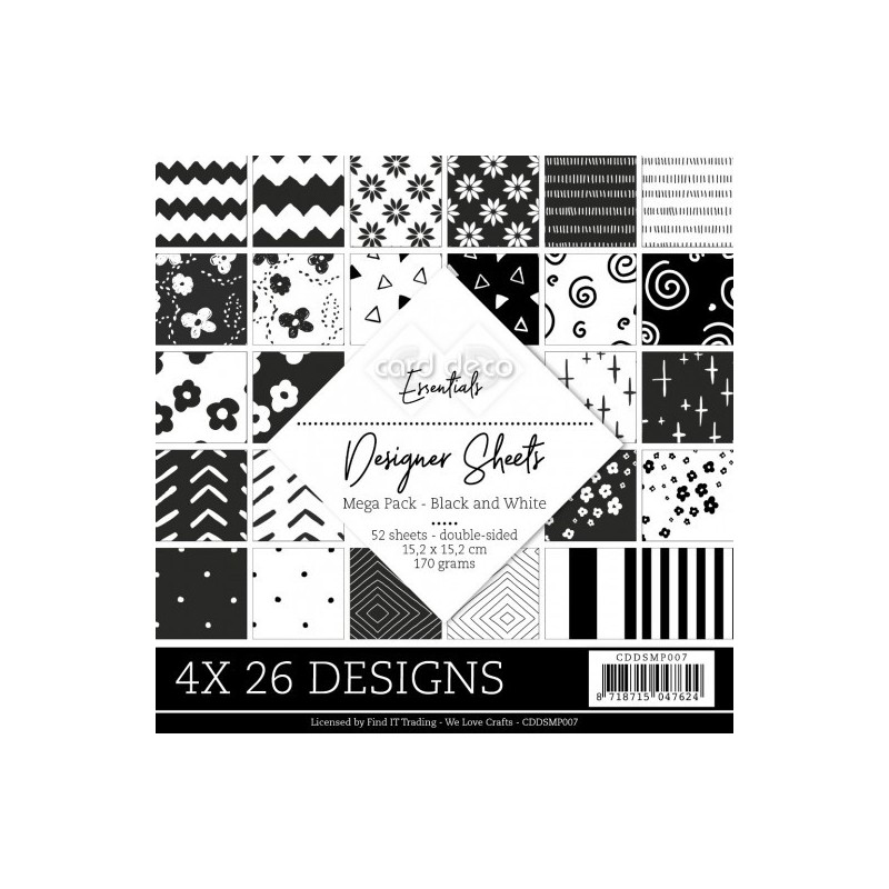 (CDDSMP007)Card Deco Essentials - Designer Sheets Mega Pack - Black and White