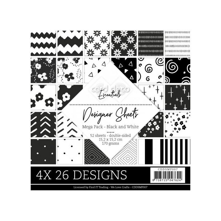 (CDDSMP007)Card Deco Essentials - Designer Sheets Mega Pack - Black and White