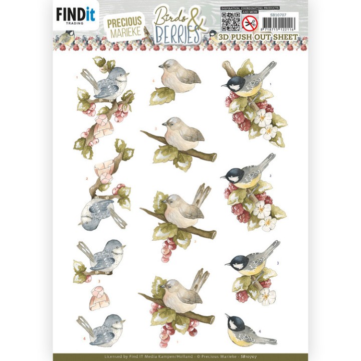 (SB10707)3D Push Out Sheet - Precious Marieke - Birds and Berries - Raspberries