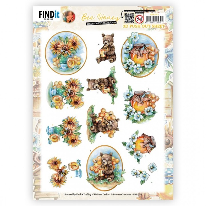 (SB10751)3D Push Out - Yvonne Creations - Bee Honey - Brown Bear