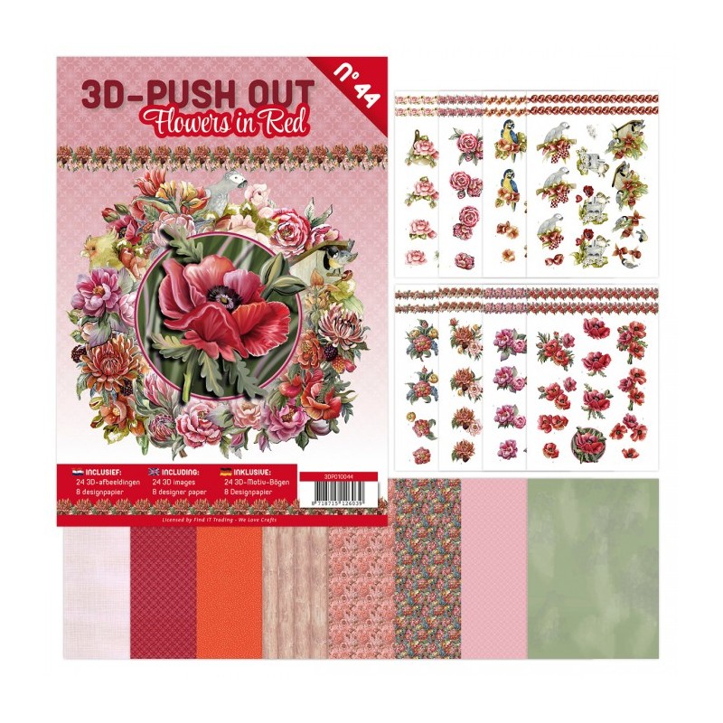 (3DPO10044)3D Push-Out Book 44 - Flowers In Red