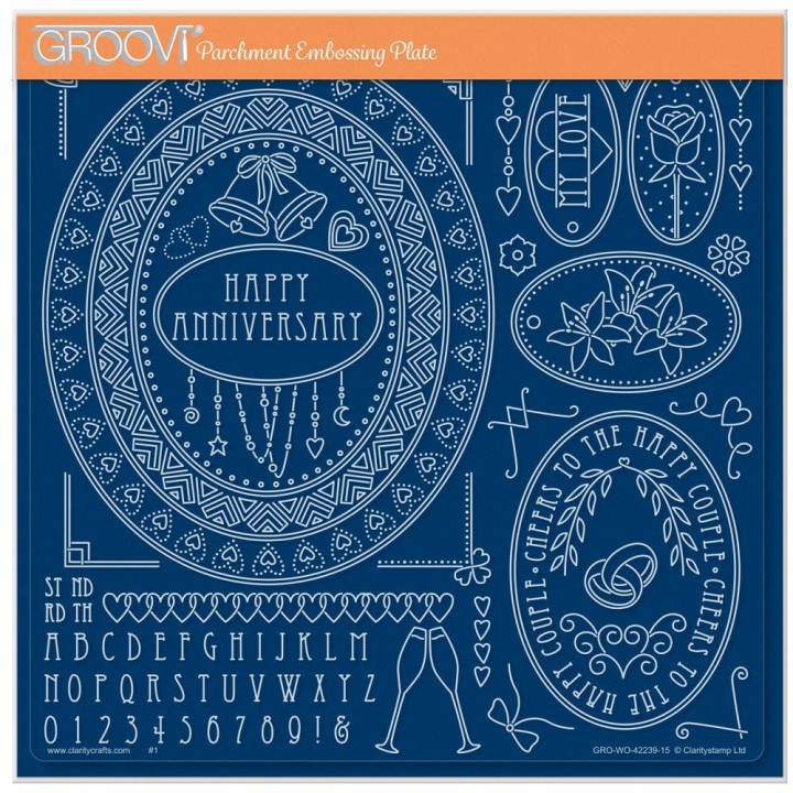 (GRO-WO-42239-15)Groovi Plate A4 JAZZ'S HAPPY ANNIVERSARY TOPPERS & TAGS