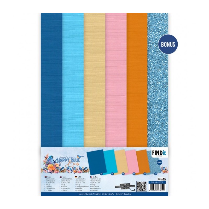 (BB-A4-10001)Linen Cardstock Pack - Berries Beauties - Happy Blue Birds - A4