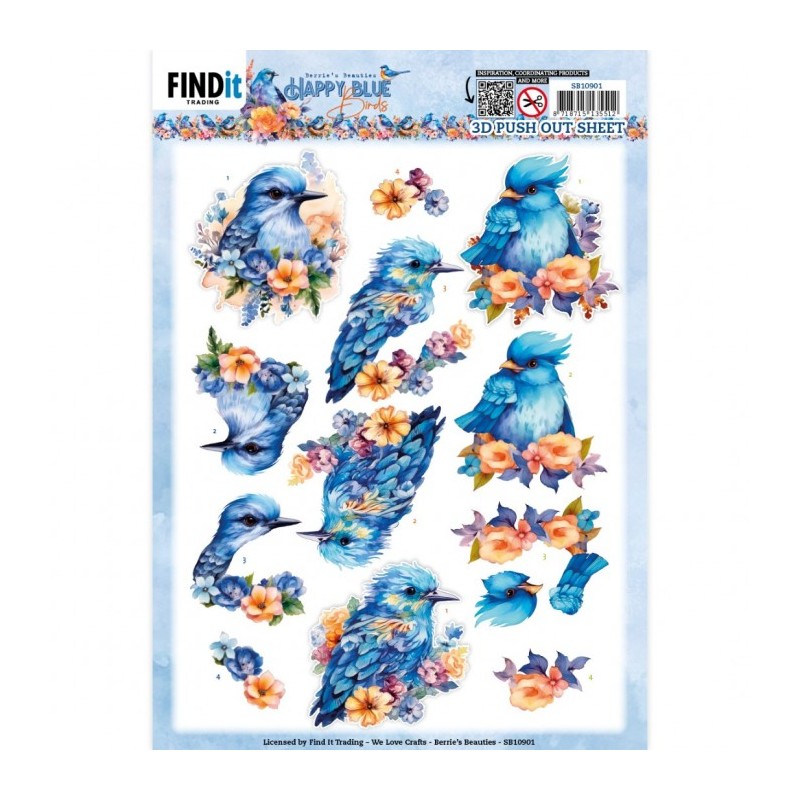 (SB10901)3D Push Out - Berries Beauties - Happy Blue Birds - Blue Bird