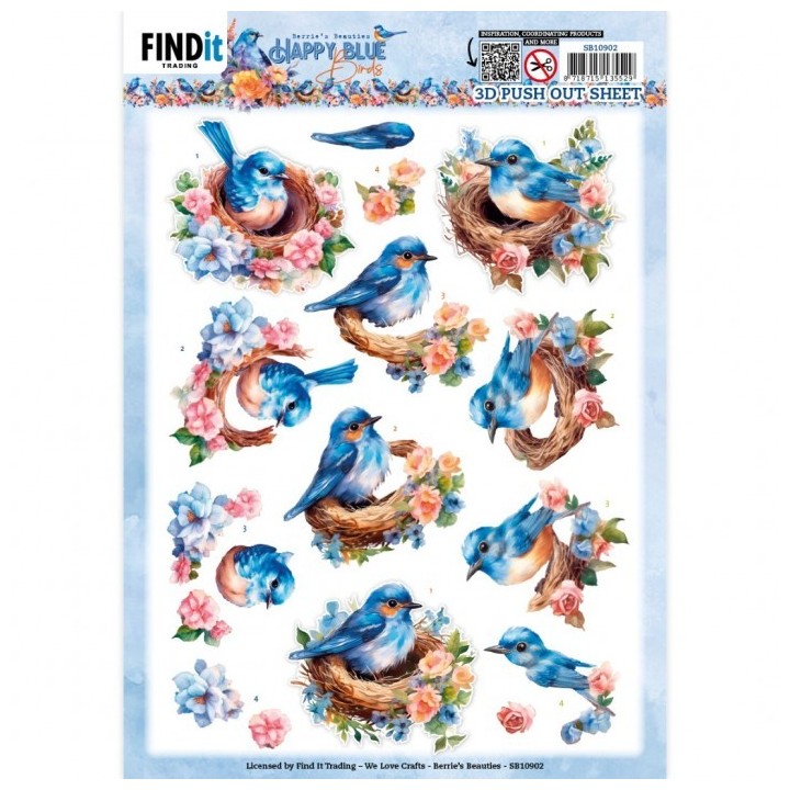 (SB10902)3D Push Out - Berries Beauties - Happy Blue Birds - Birds's Nest