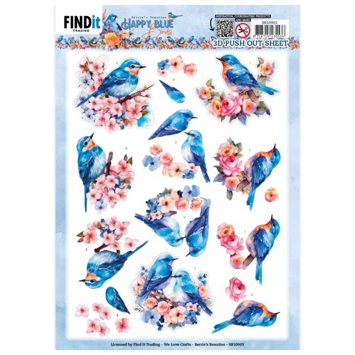 (SB10903)3D Push Out - Berries Beauties - Happy Blue Birds - Birds In Pink