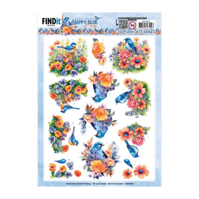 (SB10904)3D Push Out - Berries Beauties - Happy Blue Birds - Colourful Birds