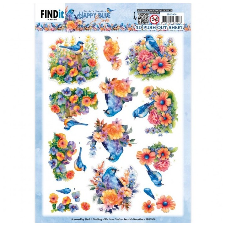 (SB10904)3D Push Out - Berries Beauties - Happy Blue Birds - Colourful Birds