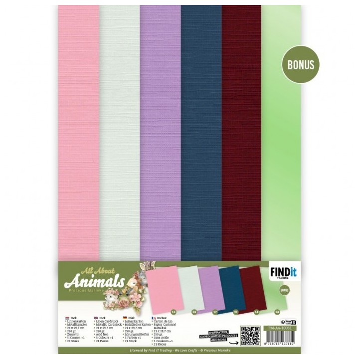 (PM-A4-10031)Linen Cardstock Pack - Precious Marieke - All About Animals - A4